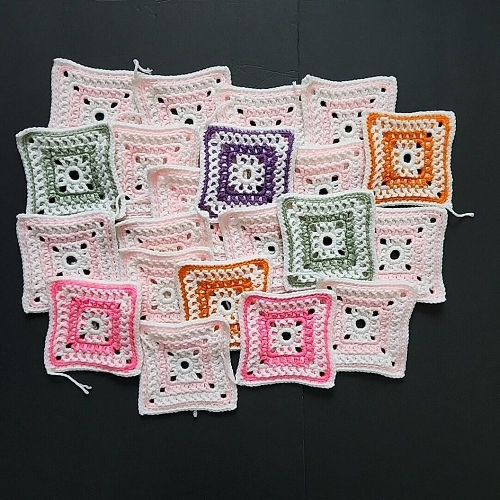Crocheted Granny Square Lot Of 21 Handmade Crochet Squares 5.5x5.5" Grannycore